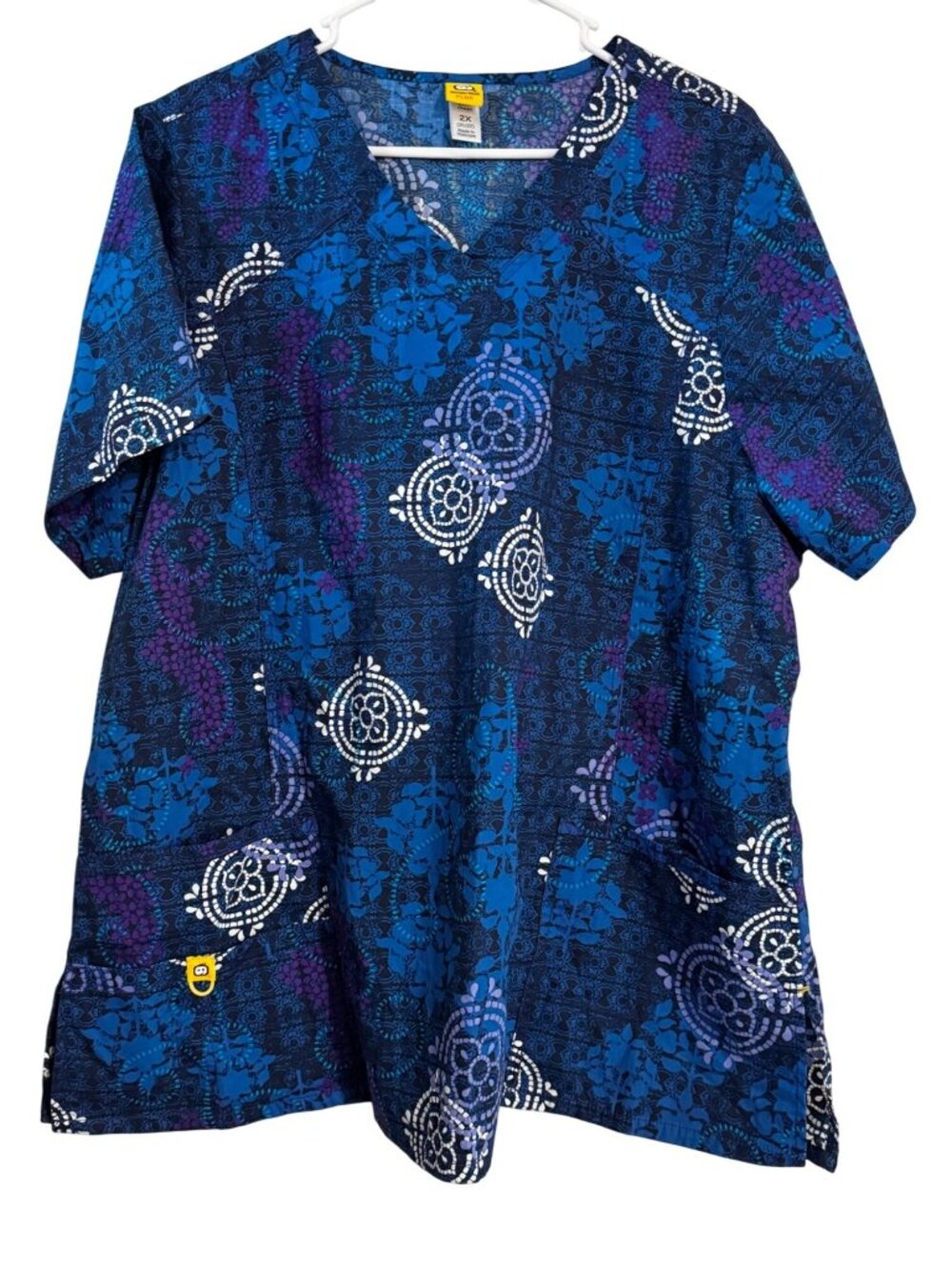 Wonderwink Plus 2X Womens V-Neck Scrub Top Blue & Purple Patterned Short Sleeve